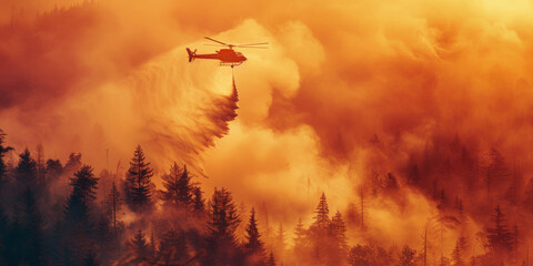Aerial Firefighting Helicopter Dousing Forest Fire at Sunset - obrazy, fototapety, plakaty