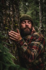 Bearded man hugging a tree in the forest