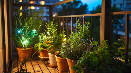 A balcony garden at night illuminated by solar-powered lights showcasing an assortment of potted herbs like rosemary and sage.