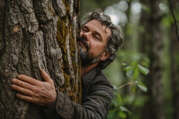 Bearded man hugging a tree in the forest
