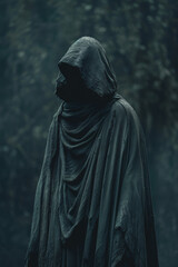 Fototapeta na wymiar Mysterious Cloaked Figure in Moody Forest Setting
