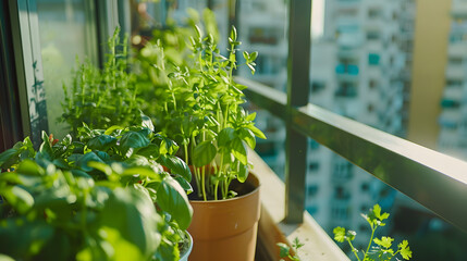 A balcony garden experiment with hydroponic systems for growing herbs like basil and cilantro showcasing modern agricultural technologies. - obrazy, fototapety, plakaty