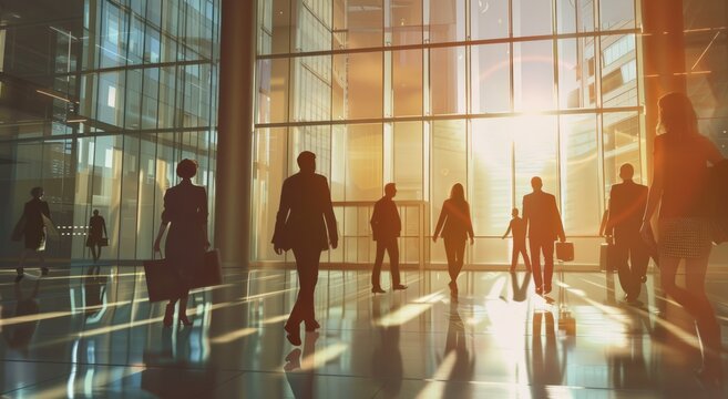 A group of business people were walking through an office building lobby, all wearing suits and carrying briefcases Generative AI