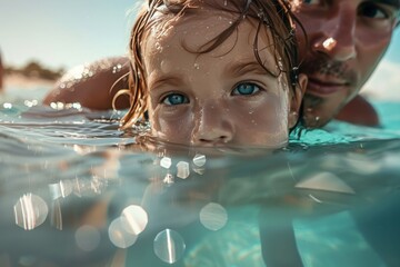 Warm image of a parent and child bonding in a pool, with a close focus on the child's clear blue eyes