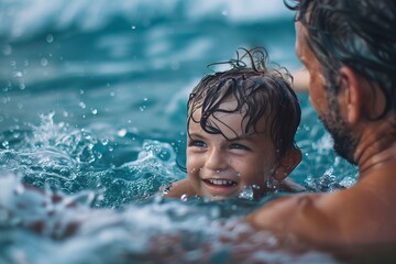 An image capturing a joyful moment between a child and an adult playing in a swimming pool The...