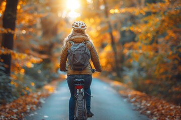 A cyclist rides away on a bicycle on a road blanketed by golden autumn leaves between trees