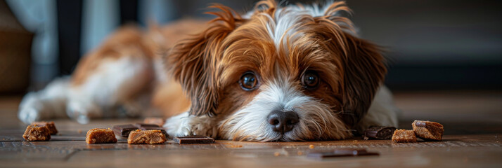 Cute Dog Eyeing Treats on Floor - Adorable Pet and Snacks Scene