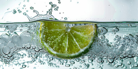 Fresh Lime Slice Submerged in Sparkling Water with Bubbles