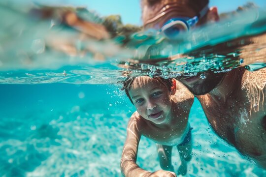 This unique underwater image shows a child swimming alongside an adult, providing a different perspective on water fun