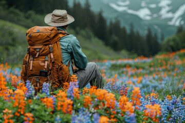 A hiker with a backpack sits amidst vibrant wildflowers, looking out at the mountainous landscape ahead
