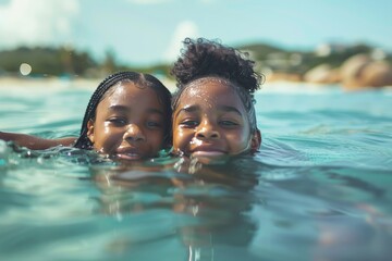 Two young girls playfully smiling together in clear blue water, depicting joy and sibling love - Powered by Adobe
