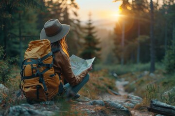 A woman in a hat with a large backpack sitting on the ground looking at a map with a forest and sunset in the background