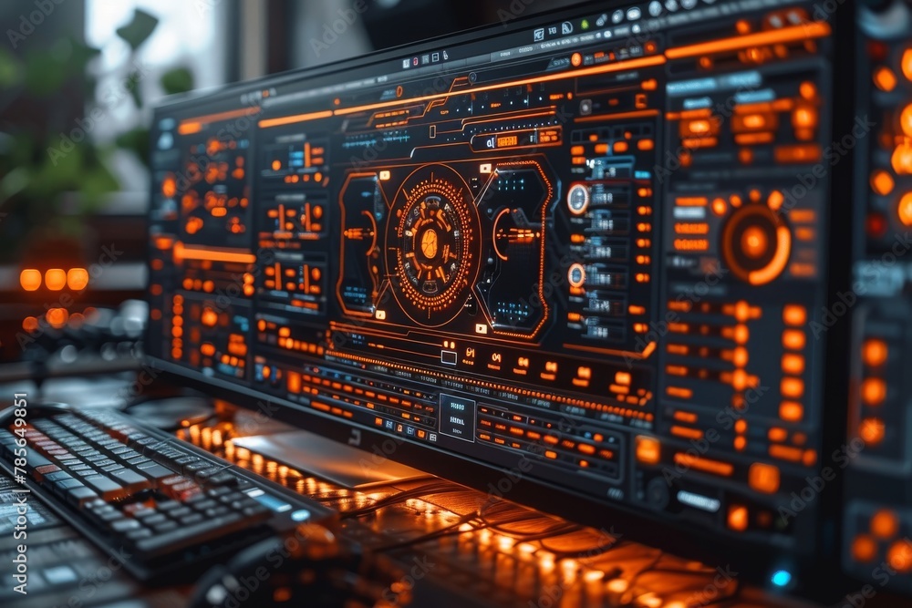 Poster featuring a futuristic sci-fi control panel, this image captures a high-tech workstation with illumi