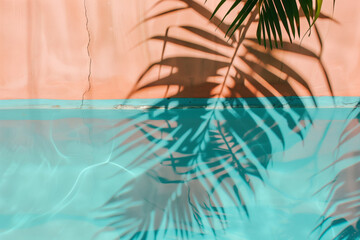 Palm tree leaves shadow against blue water swimming pool surface and peach fuzz poolside edge. Tropical summer vacation background concept. Space for copy - 785649846