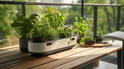 A balcony garden with herbs grown in smart pots equipped with sensors for soil health and moisture levels perfect for the tech-savvy gardener.