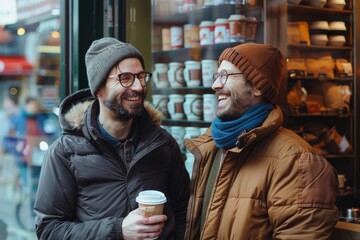 Warmly dressed men sharing a laugh while holding coffee cups in an urban coffee shop setting