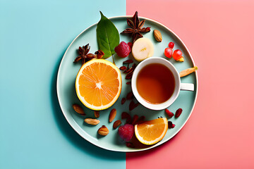 Cup with black tea and lemon on a pink and blue background. flat lay - obrazy, fototapety, plakaty