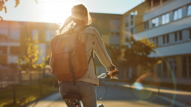 A young student cycling to school, her hair tied back and her backpack secured, with the school building in the background. The early light of day creates a halo effect around her, - Powered by Adobe