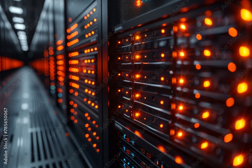 Poster image of server equipment in a data center with red and blue led lights creating a high-tech feeling