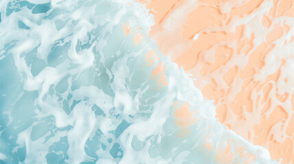 Flat lay of wavy water surface on pastel blue and peach fuzz background. Beach summer concept - 785650020