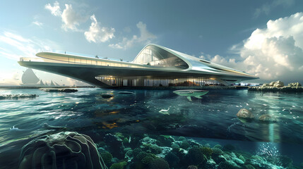 An underwater research facility with state-of-the-art laboratories and panoramic ocean views. - obrazy, fototapety, plakaty