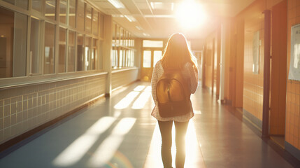 A female student walking through the school corridor, bathed in the warm glow of the sun streaming through nearby windows. Her confident stride and the soft shadows cast along the - obrazy, fototapety, plakaty