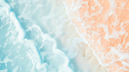 Flat lay of wavy water surface on pastel blue and peach fuzz background. Beach summer concept