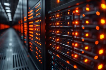 Obraz premium Image of server equipment in a data center with red and blue LED lights creating a high-tech feeling of connectivity and data storage