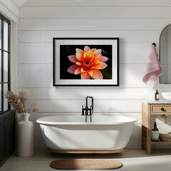 Minimalist frame with a single, vibrant flower photograph in a sunlit bathroom