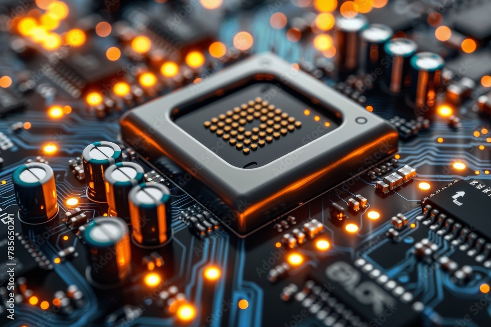 Poster high-resolution image of a central processing unit (cpu) on a computer motherboard with surrounding 