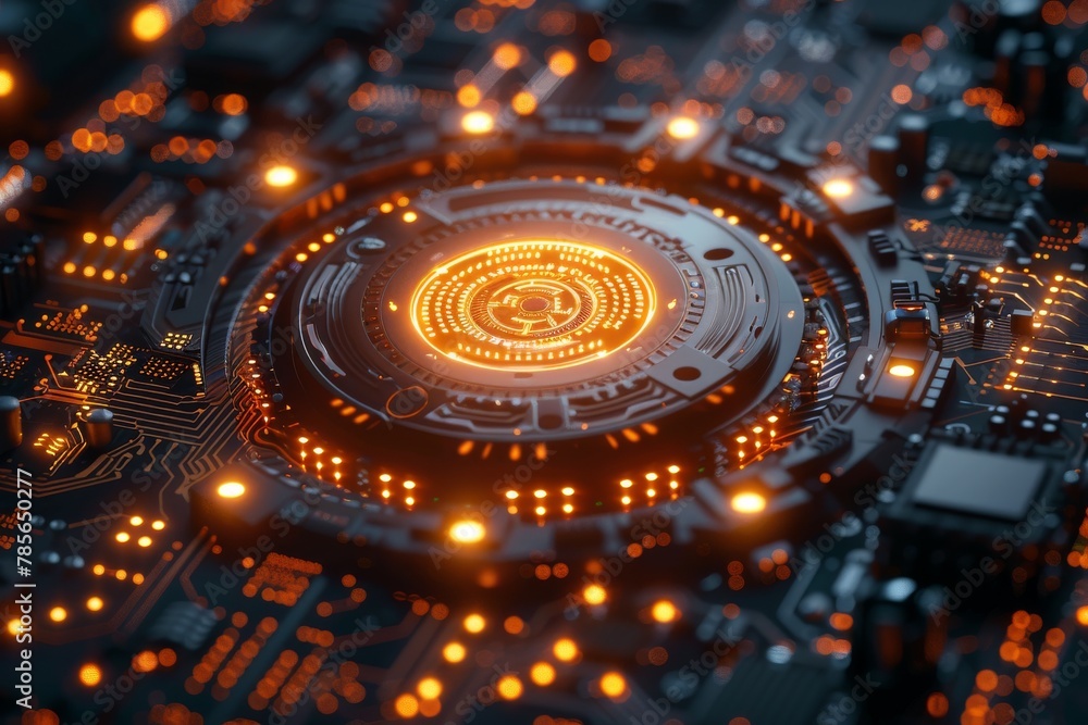 Poster detailed image of an illuminated printed circuit board (pcb) with a focused eye-like design