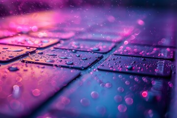 Vibrant macro shot of raindrops on a computer keyboard, reflecting pink and blue lights