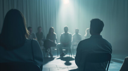 Business professionals seated in a semi-circle during a workshop session, actively participating and taking notes. The room is illuminated by soft, natural light, which casts gentl - obrazy, fototapety, plakaty