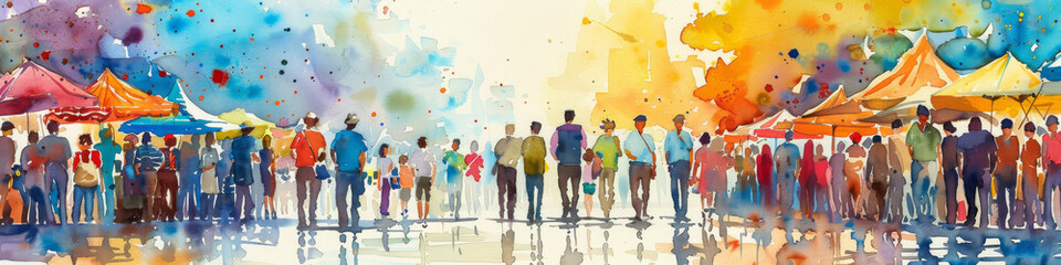Vibrant Watercolor Painting of Bustling Street Market Scene - obrazy, fototapety, plakaty