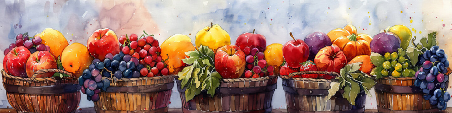 Colorful Watercolor Painting of Fresh Fruits and Vegetables in Baskets
