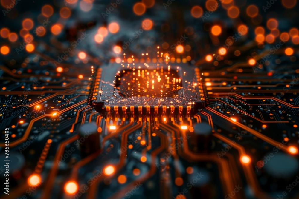 Poster an intricate close-up of a glowing circuit board highlighting the central microchip, symbolizing adv