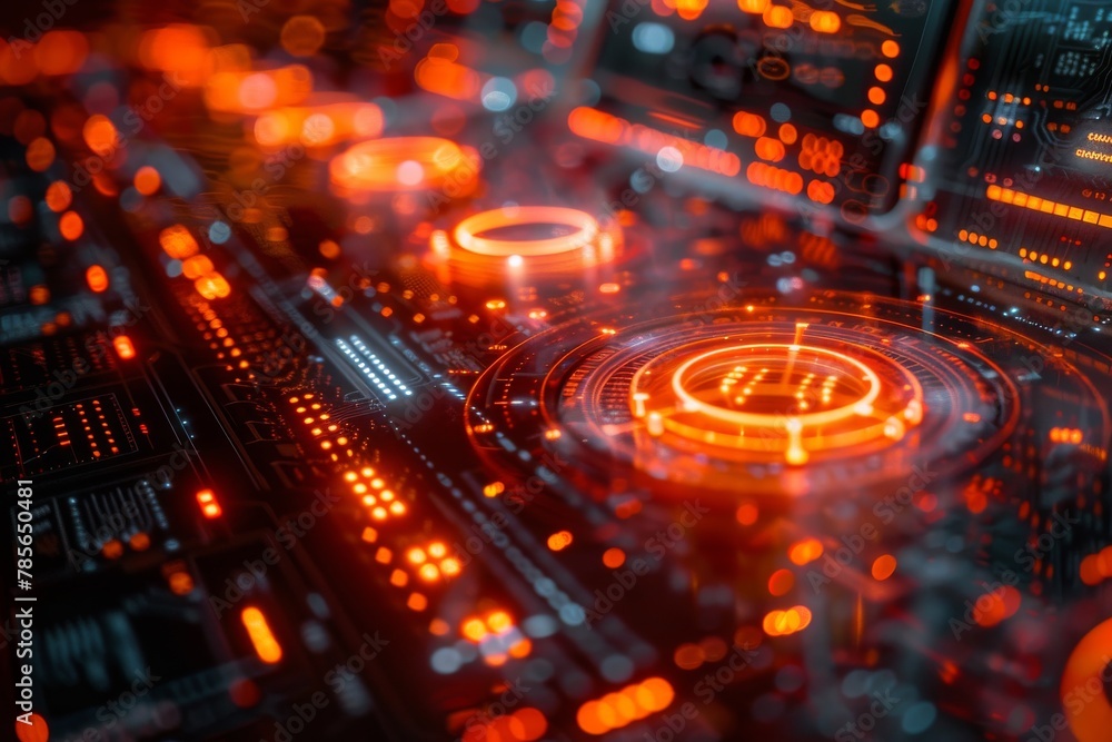 Poster high-tech image displays a circular interface on a detail-rich circuit board, representing concepts 