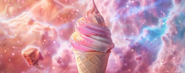 A fantastical 3D illustration of an ice-cream cone, its scoops a microcosm of the galaxy with...