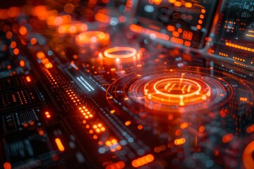 High-tech image displays a circular interface on a detail-rich circuit board, representing concepts of advanced technology and data analysis - Powered by Adobe