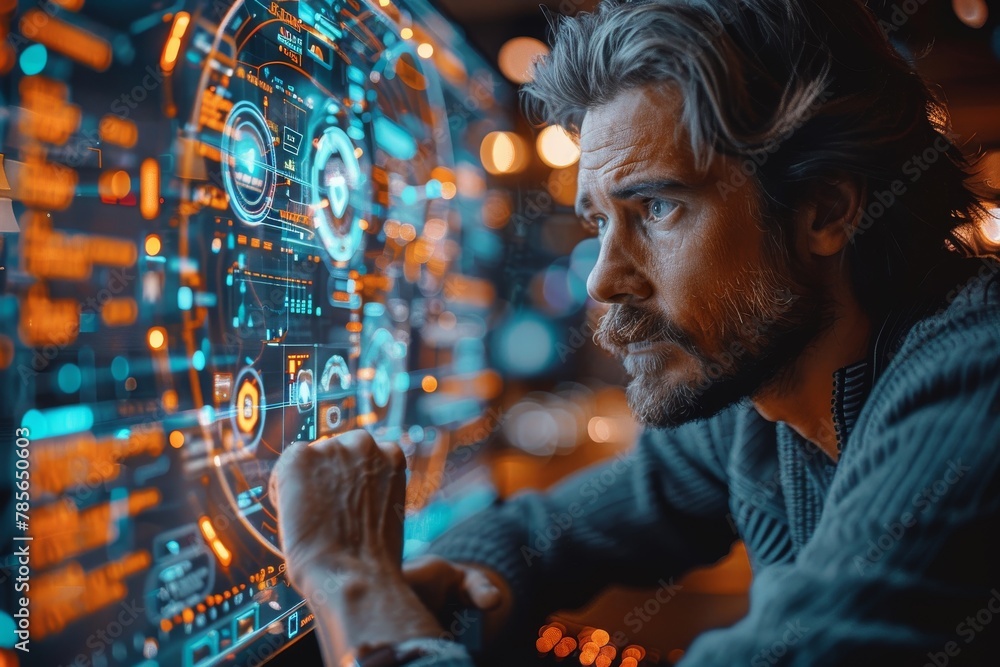 Poster a focused man engages with a complex holographic interface of digital elements suggesting advanced t