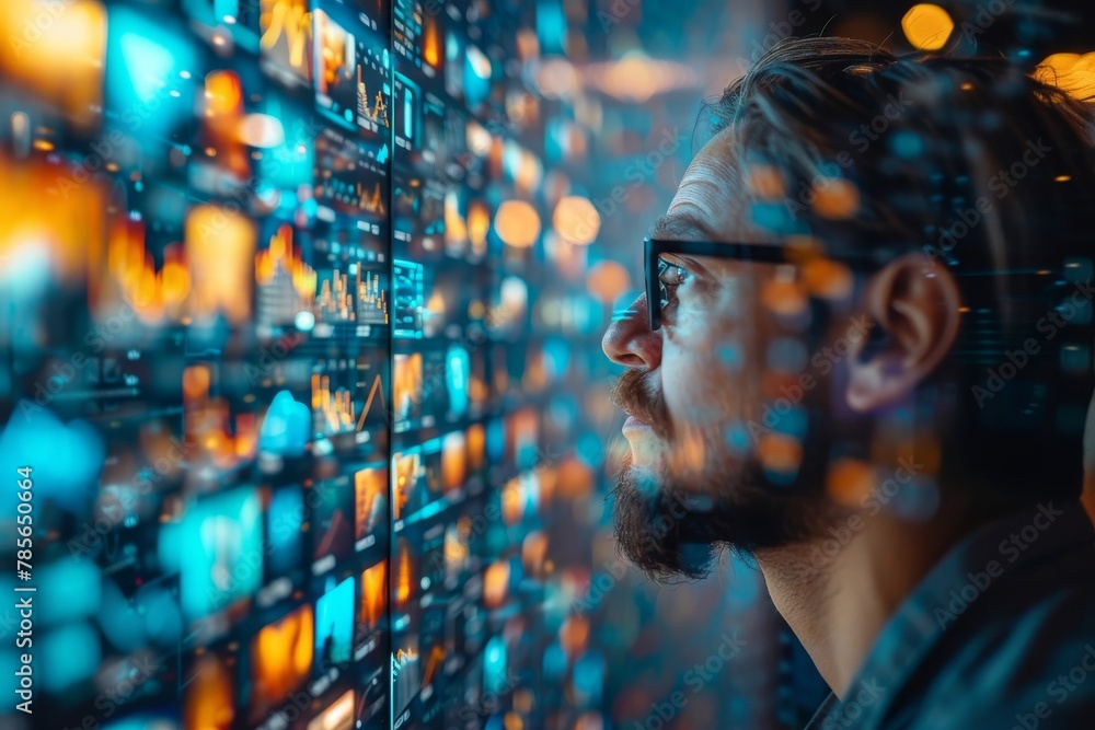 Aufkleber person stands absorbed in thought before a vast wall of glowing digital data points, representing bi