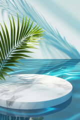 Round marble podium with palm tree leaves against blue water surface background. Spa, cosmetics and summer concept. Space for product placement