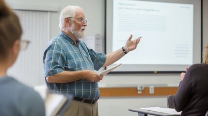 An older adult attending a community class on retirement planning, taking notes as the instructor points to key ideas on a projector screen. The gentle natural light in the room ca