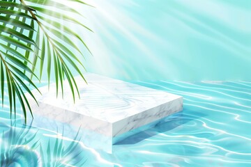 Fototapeta na wymiar Square marble podium with palm tree leaves against blue water surface background. Spa, cosmetics and summer concept. Space for product placement