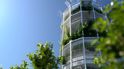 An urban cooling tower designed to reduce heat islands in metropolitan areas through evaporative cooling and green facades.