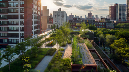An urban regeneration project featuring a series of interconnected green rooftops providing community gardens and outdoor recreational spaces in a dense city environment.