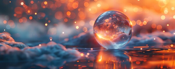 A whimsical nanotech bubble floating in a surreal landscape, bokeh lights twinkling like distant stars, capturing a sense of wonder