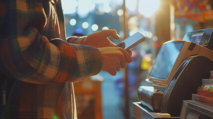 Close-up of a young man’s hands as he taps his smartphone to a NFC card machine at a retail store. The natural light from the store windows highlights the simplicity and convenienc - obrazy, fototapety, plakaty