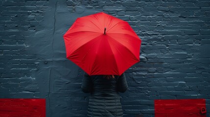 a person standing in front of a brick wall holding a red umbrella