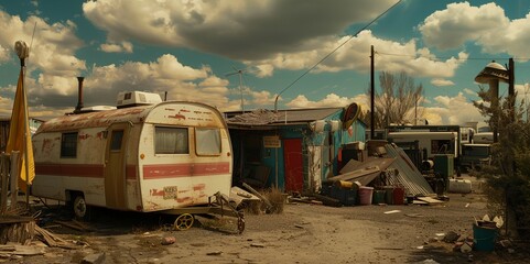 an old trailer and a camper are parked in a junkyard - obrazy, fototapety, plakaty